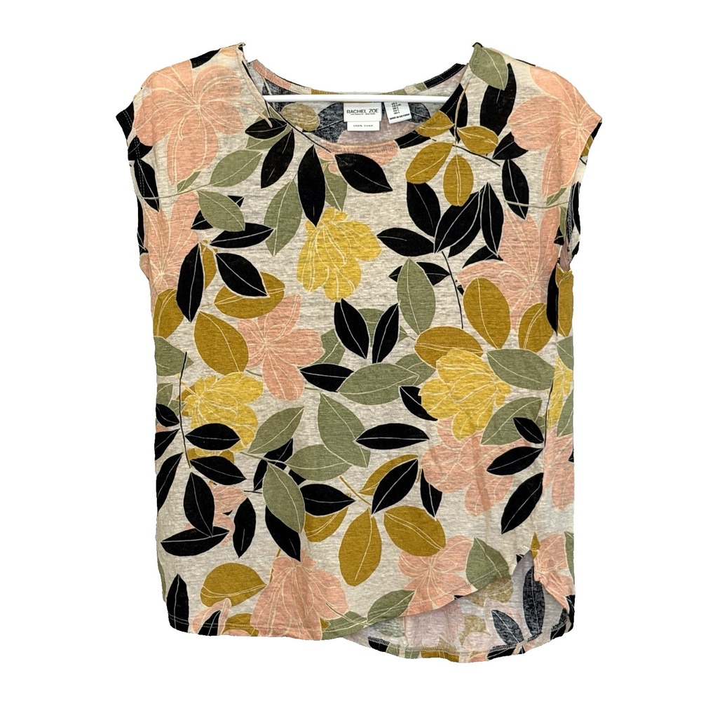 Rachel Zoe Top Womens Size Large Multicolor Floral Print Cap Sleeve 100% Linen